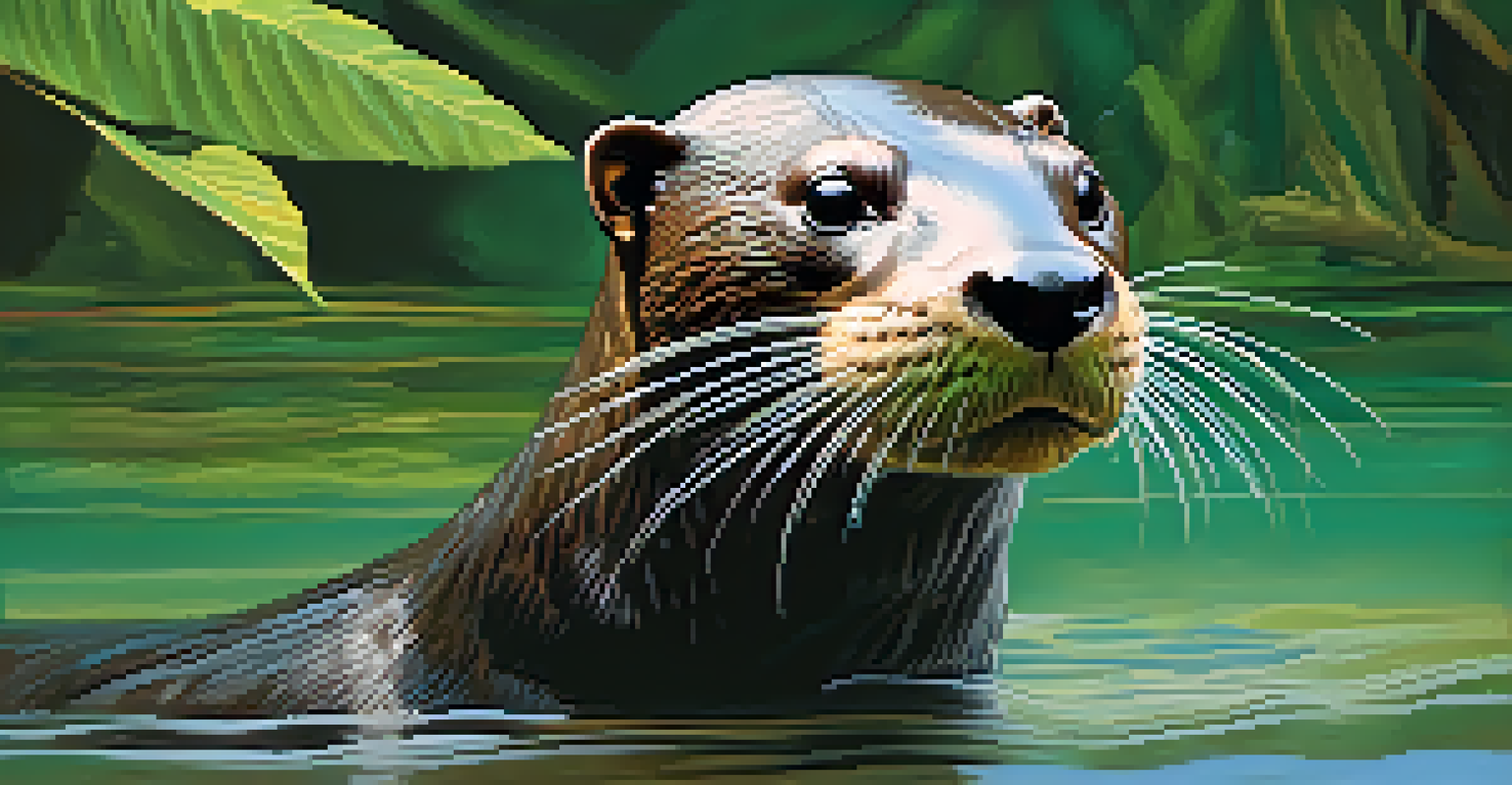 A giant river otter swimming in a clear river, with reflections of trees and plants in the water.