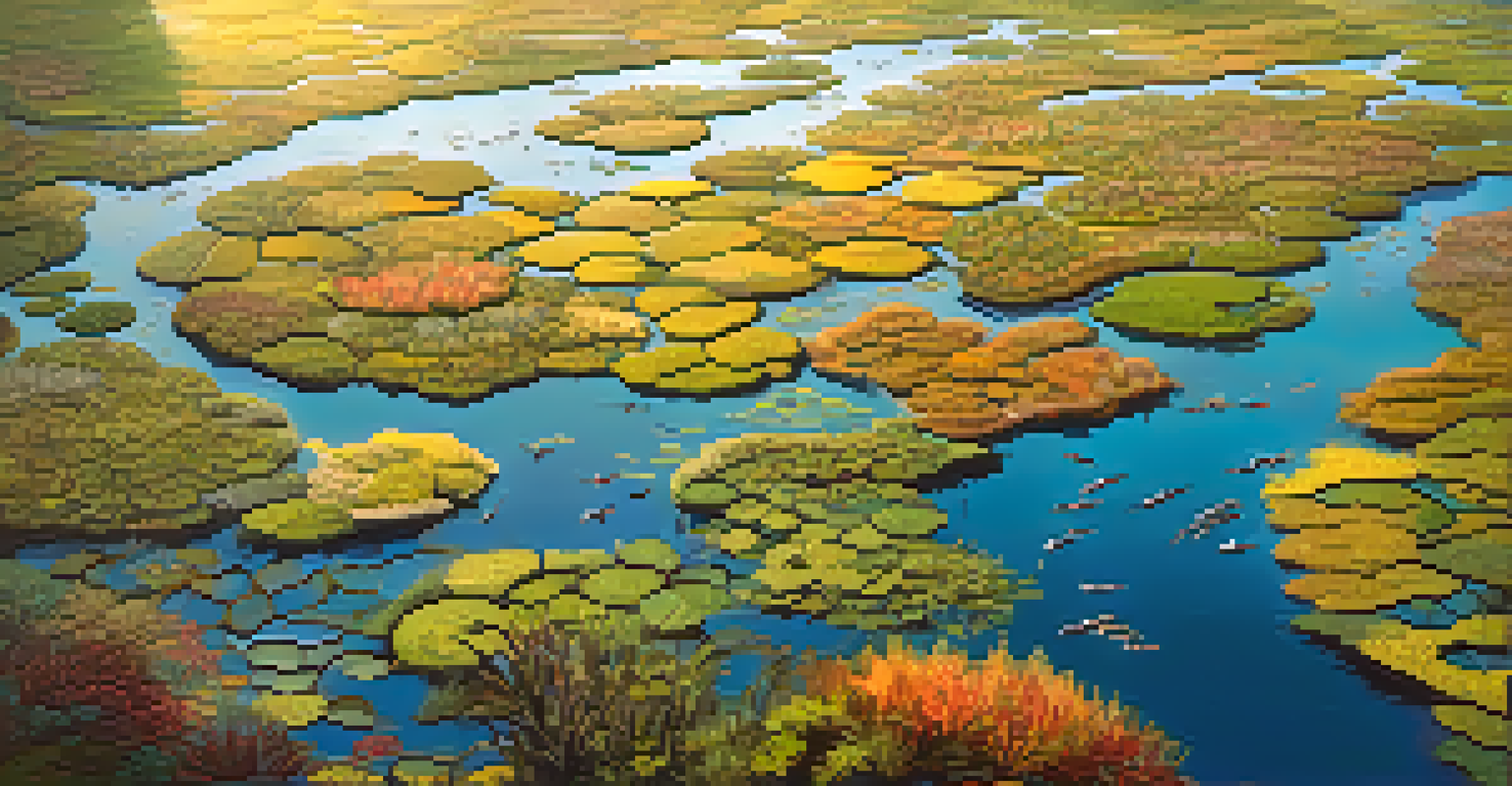 An aerial view of a biodiverse wetland showing various habitats, aquatic plants, and wildlife.