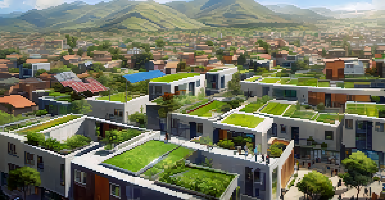 An aerial view of a sustainable neighborhood in Peru, featuring eco-friendly buildings with green roofs and solar panels, surrounded by parks and gardens.