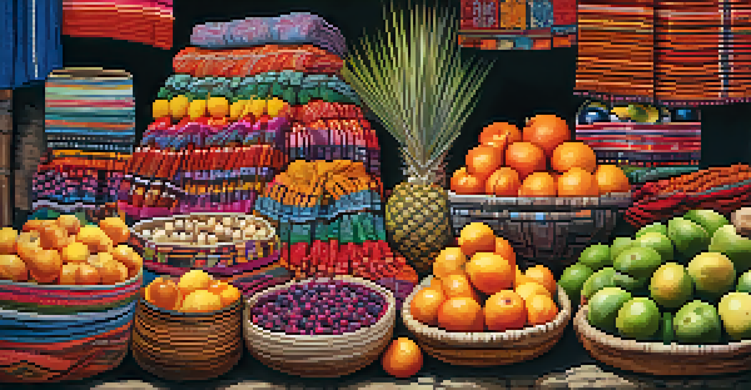 A close-up of a colorful market stall displaying handwoven textiles and fresh produce in a Quechua market.