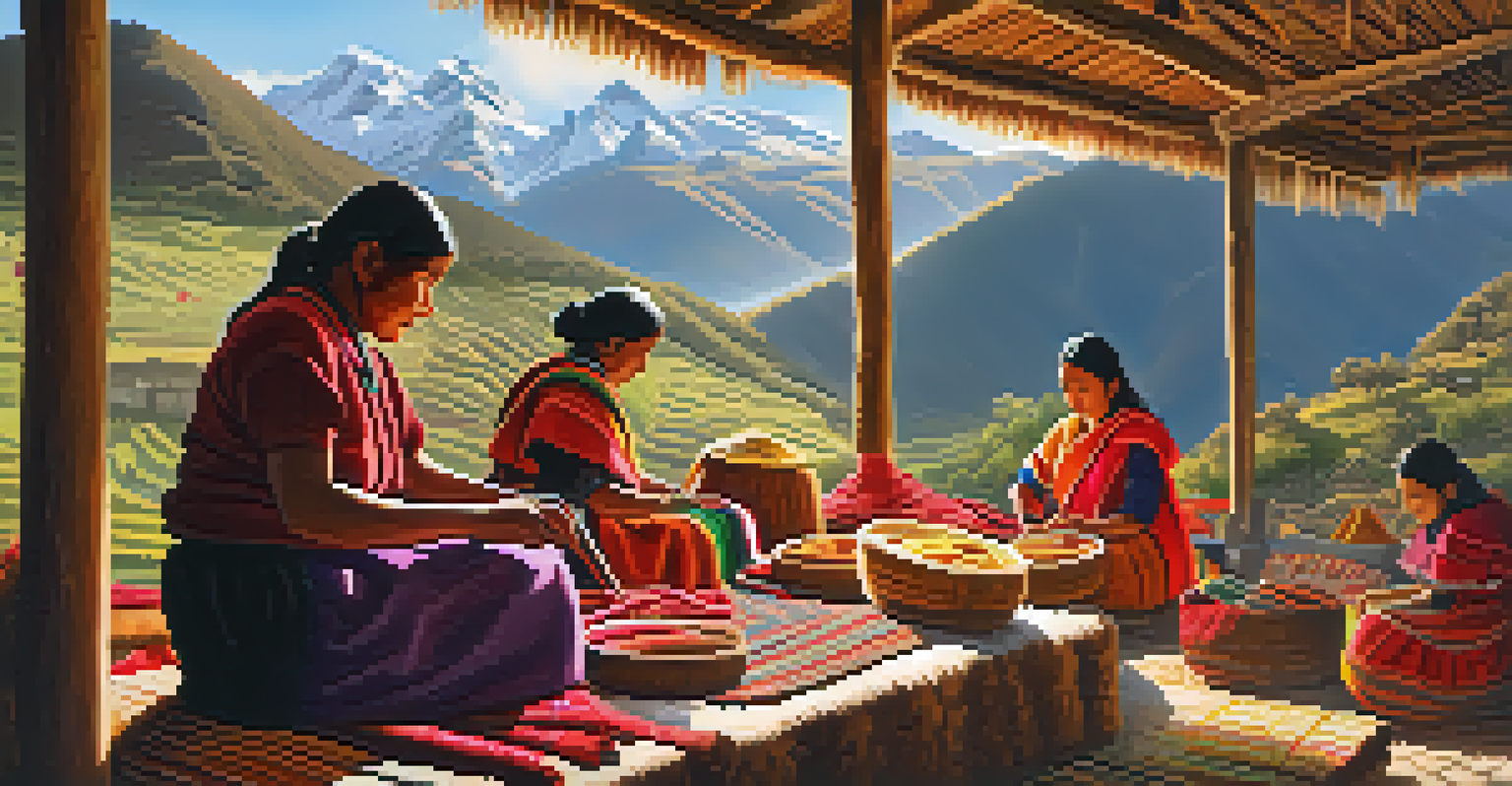 Artisans from an indigenous community in the Andes mountains weave colorful textiles against a stunning mountainous backdrop.