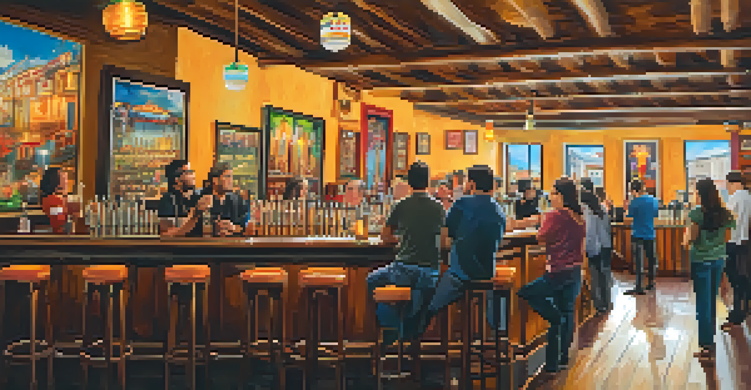 Interior of Cerveza Mágica with colorful beer taps and patrons enjoying drinks in a vibrant atmosphere.