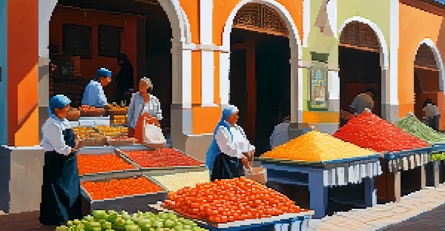 A historic market in Arequipa with colonial architecture and stalls filled with traditional Peruvian food products.