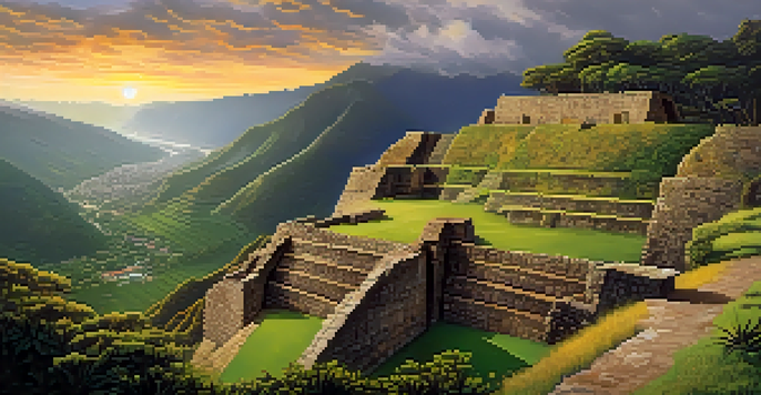 A scenic view of Kuelap fortress in the Andes with stone walls and surrounding greenery under a sunset sky.