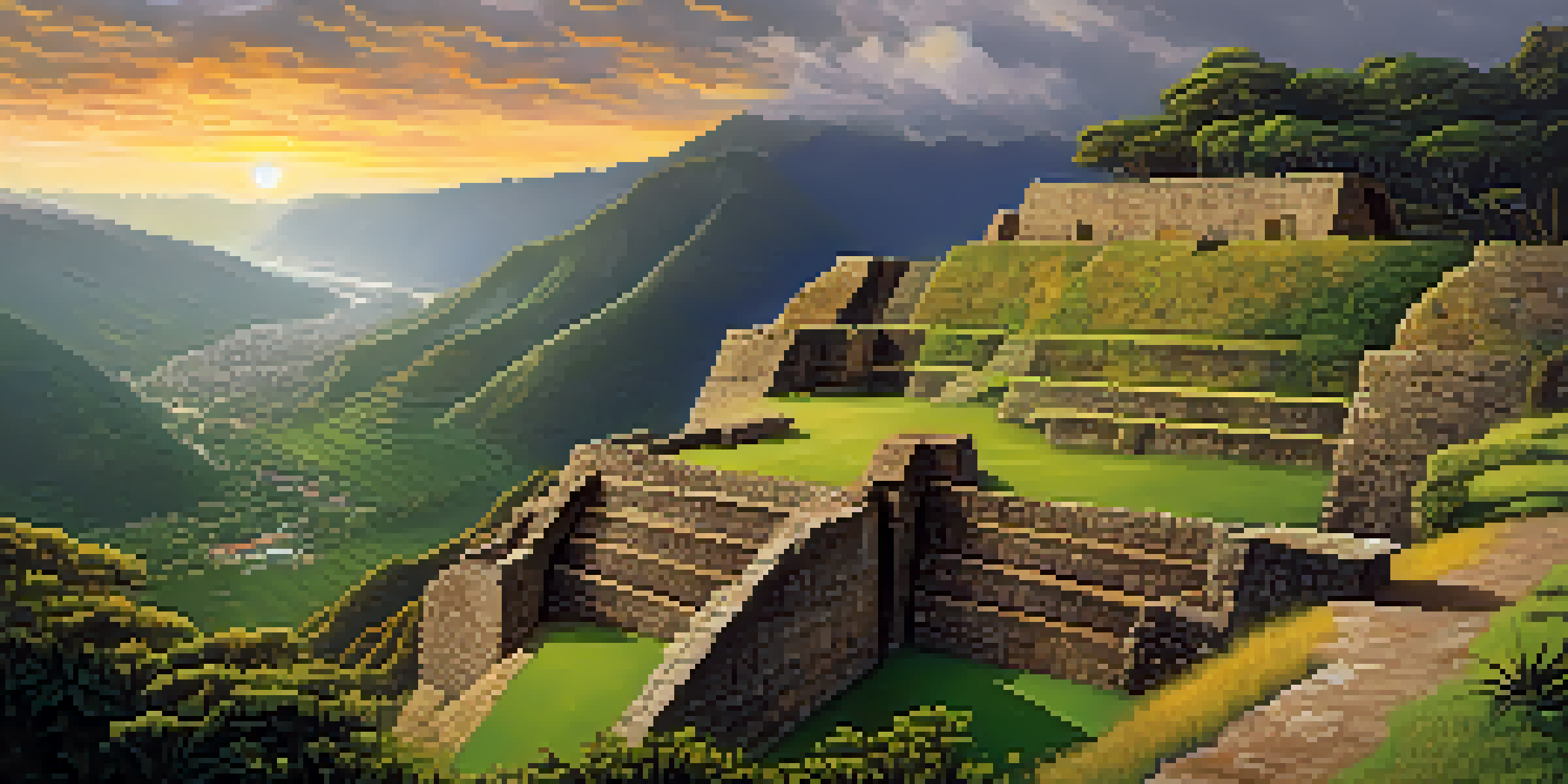 A scenic view of Kuelap fortress in the Andes with stone walls and surrounding greenery under a sunset sky.