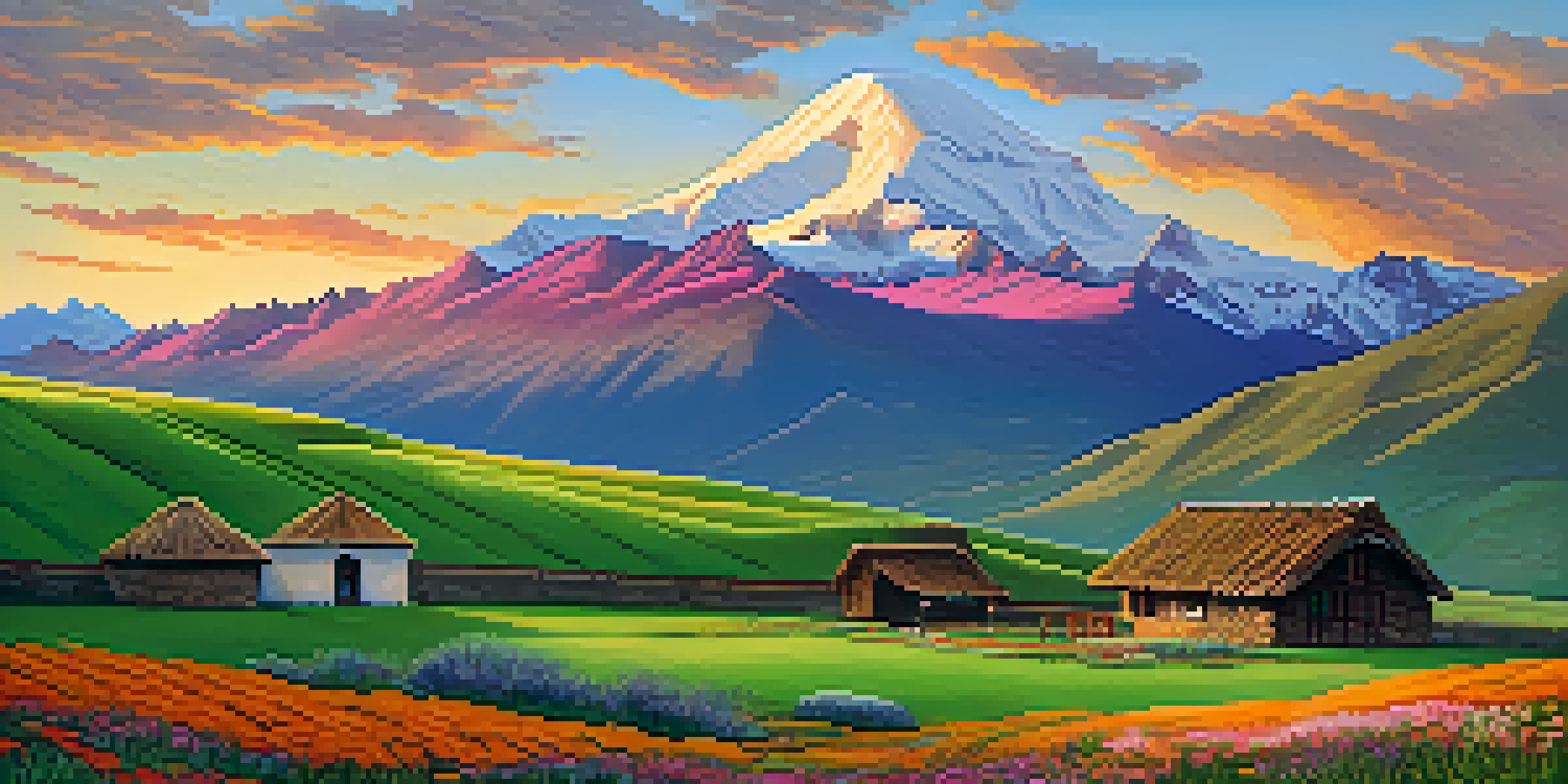 A beautiful Andean landscape at sunrise with colorful mountains, a green field with wildflowers, and a traditional adobe home, illuminated by golden light.