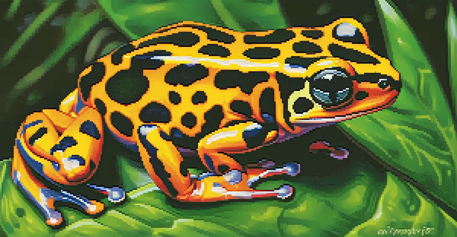 A colorful poison dart frog sitting on a leaf in the Amazon rainforest, with green foliage in the background.