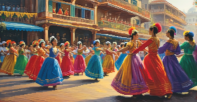 A group of dancers in colorful traditional costumes performing the Marinera dance at a lively festival, with decorations and an audience in the background, illuminated by warm lighting.
