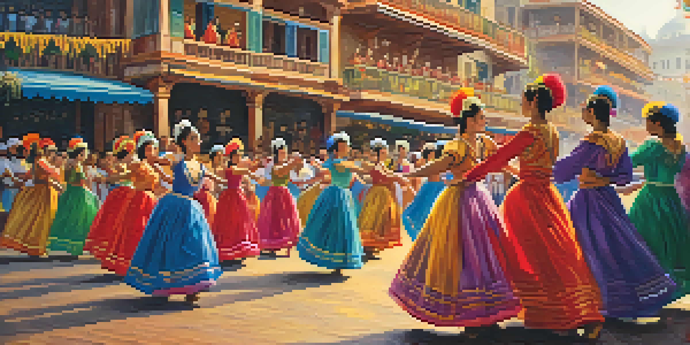 A group of dancers in colorful traditional costumes performing the Marinera dance at a lively festival, with decorations and an audience in the background, illuminated by warm lighting.