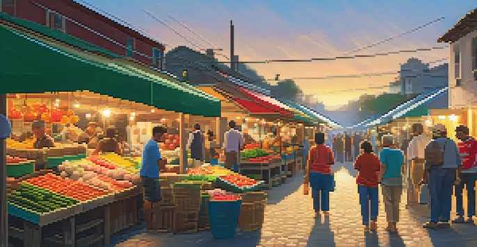 A lively market in a coastal town with colorful stalls and local vendors, illuminated by a warm sunset.