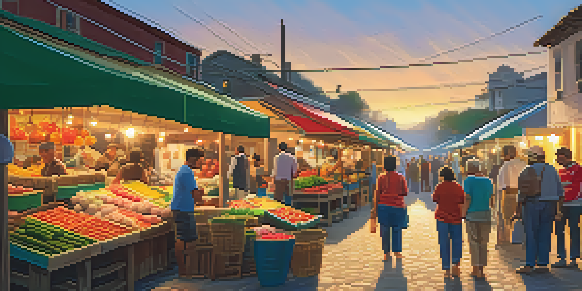 A lively market in a coastal town with colorful stalls and local vendors, illuminated by a warm sunset.