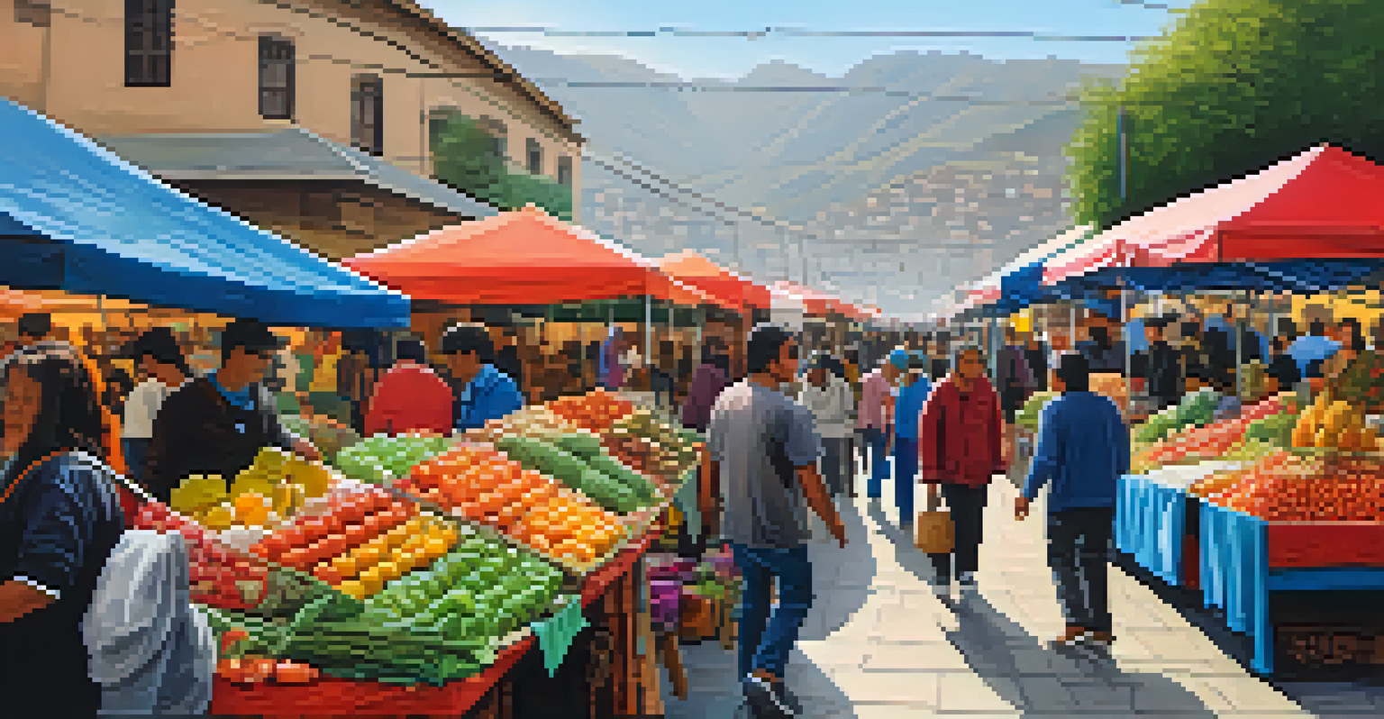 A lively street market in Lima, Peru, filled with colorful stalls and people, emphasizing accessibility with wide pathways and ramps.