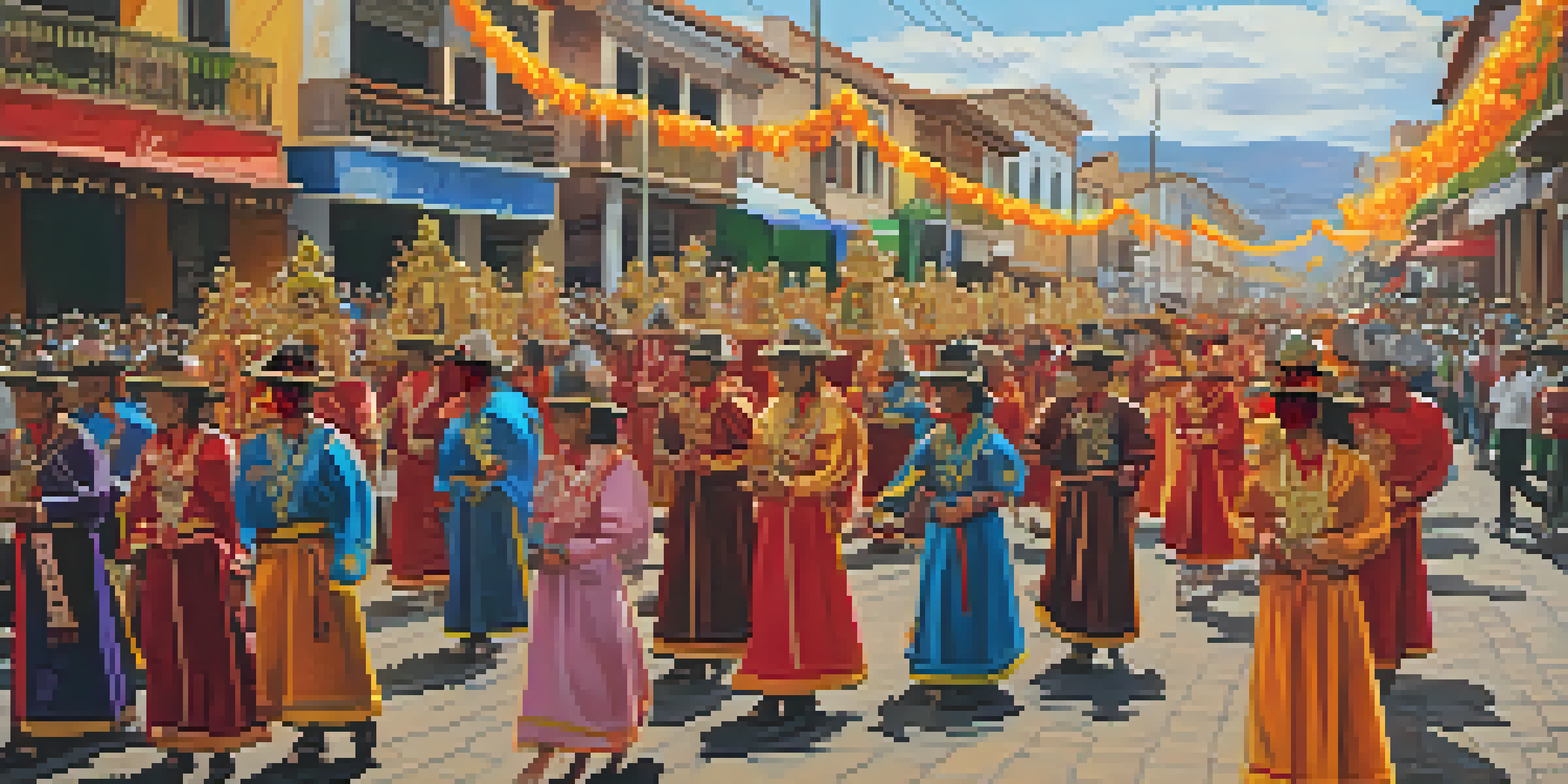 A lively street scene in Ayacucho during Semana Santa with colorful processions, traditional costumes, and beautifully crafted flower carpets.