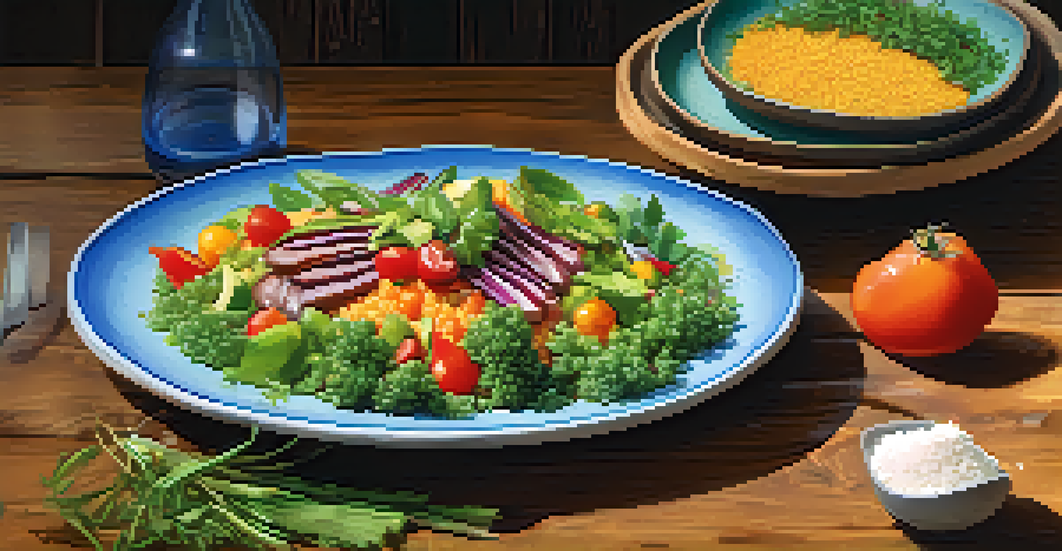 A close-up of an organic meal at a wellness retreat in the Andes, featuring fresh vegetables and quinoa on a rustic table.