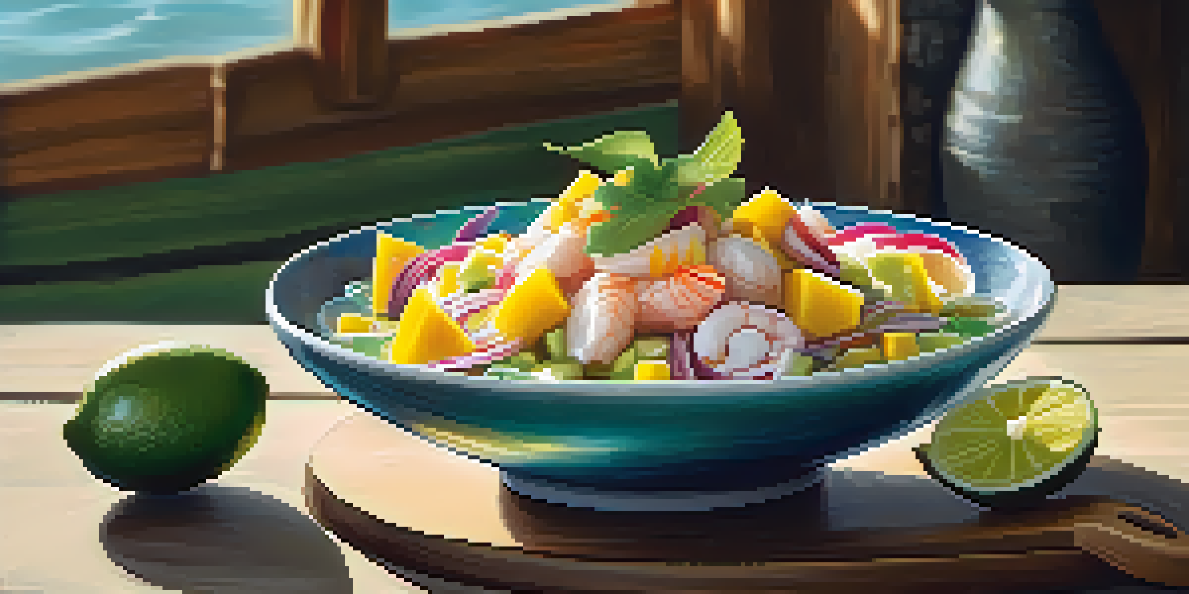 A colorful ceviche dish with mango and avocado on a rustic wooden table, illuminated by sunlight.