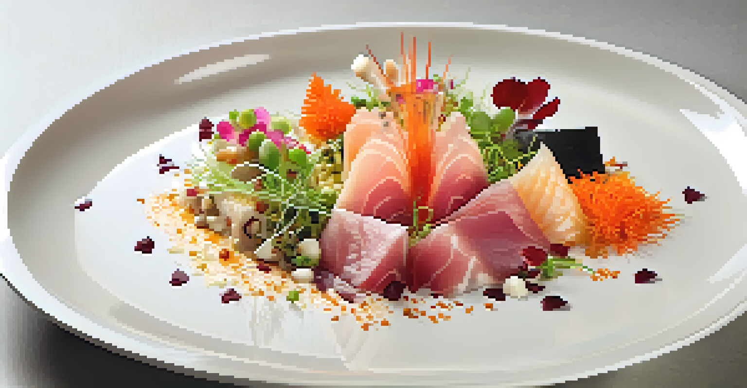 A beautifully arranged plate of nikkei cuisine featuring tiradito styled sashimi with Peruvian spices and garnished with edible flowers.