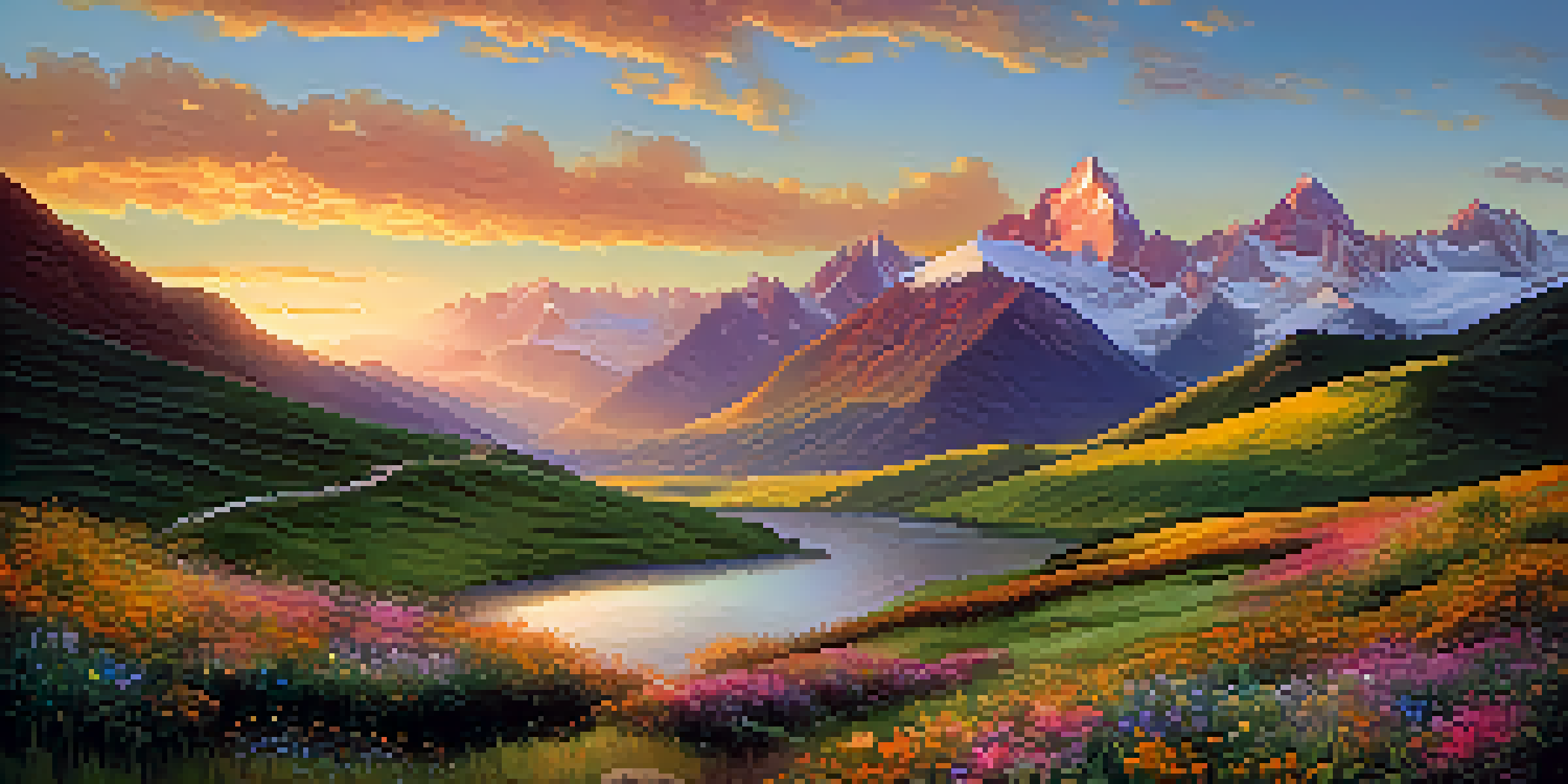 A scenic view of the Andes mountains at sunrise, featuring a lush valley with wildflowers and a winding river.