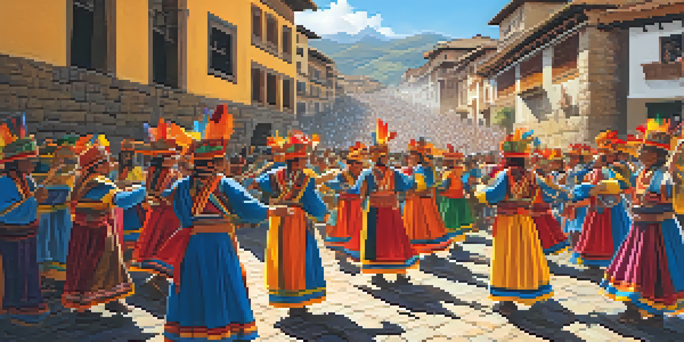 Participants in traditional Inca costumes celebrating Inti Raymi with dances and music in a sunny plaza in Cusco, Peru.