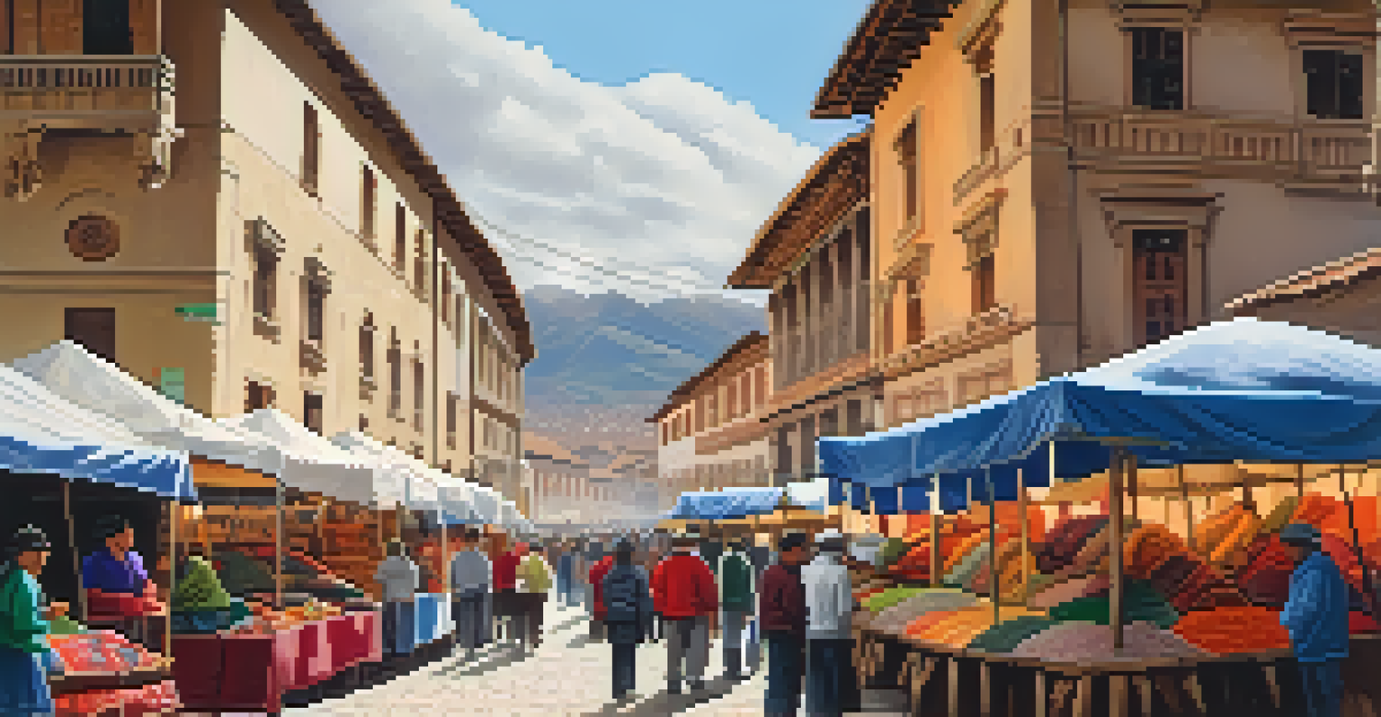 A colorful market scene in Cusco with textiles and crafts, surrounded by colonial buildings.