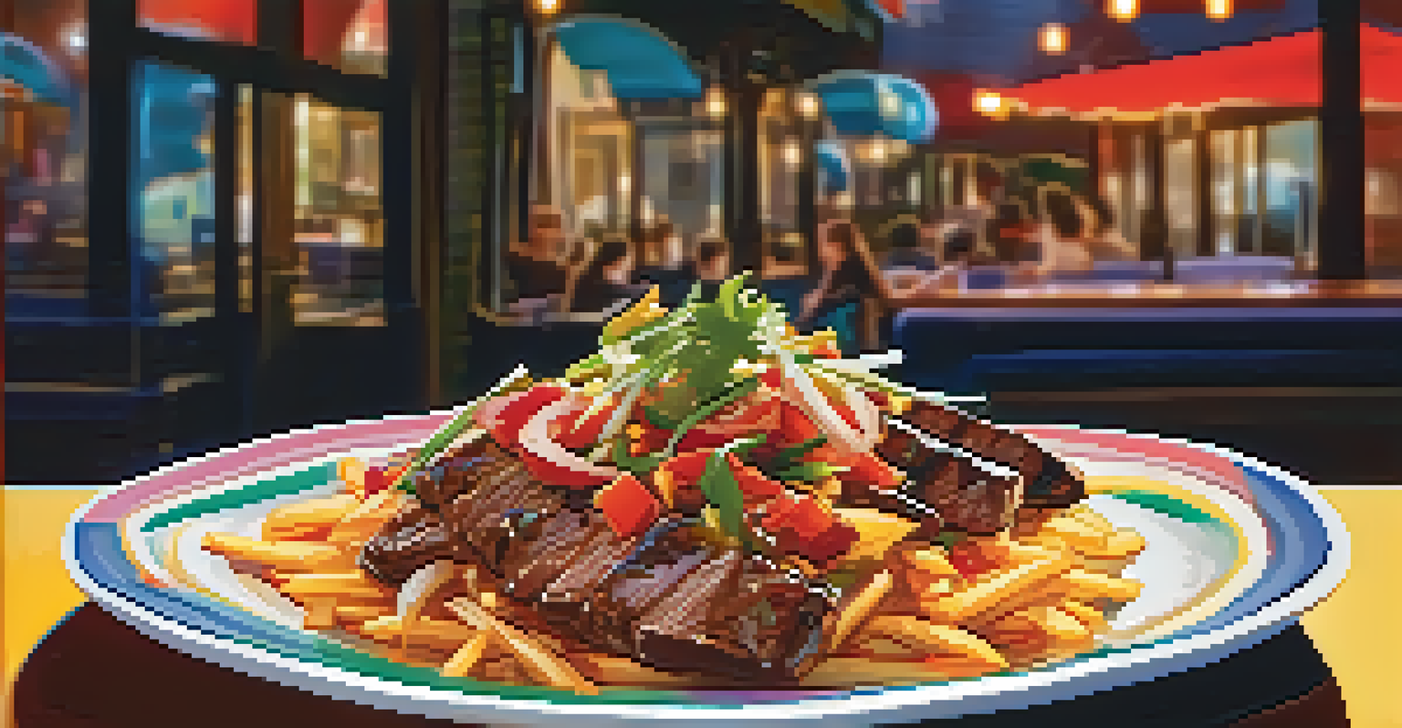 A plate of lomo saltado with steak, onions, and tomatoes, served with rice and fries in a restaurant setting.