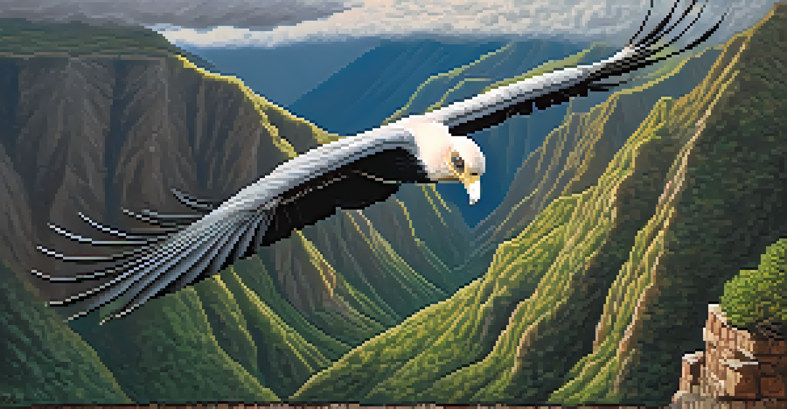 An Andean condor flying over the rugged landscape of Choquequirao with clouds in the sky.