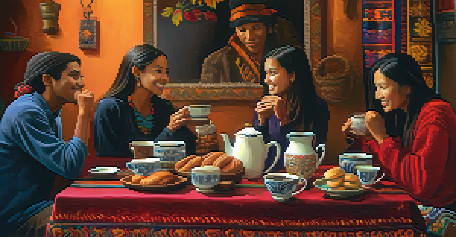 A group of friends sharing coffee in a cozy Peruvian home, with steaming cups and pastries on a table surrounded by traditional decor.
