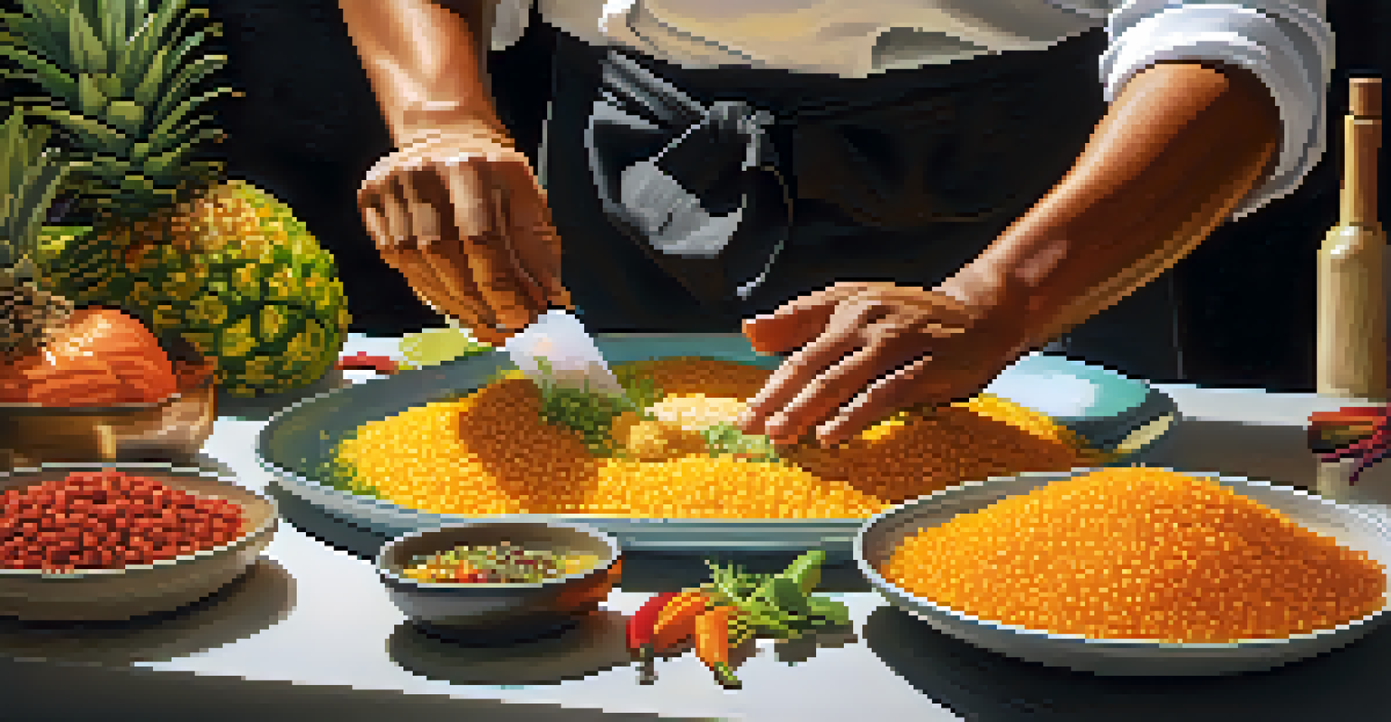 A chef in a modern kitchen preparing a fusion dish with traditional Peruvian ingredients, focusing on aji amarillo and quinoa.