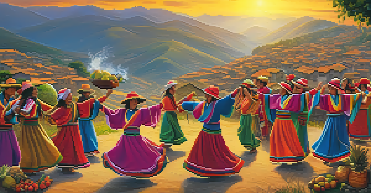 Participants in colorful clothing celebrate Pachamama, dancing amidst a village with terraced fields and sunset in the background.