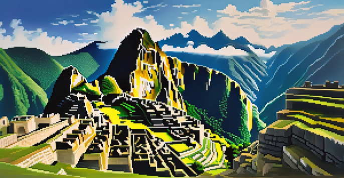 A breathtaking view of Machu Picchu with green mountains and a clear blue sky.