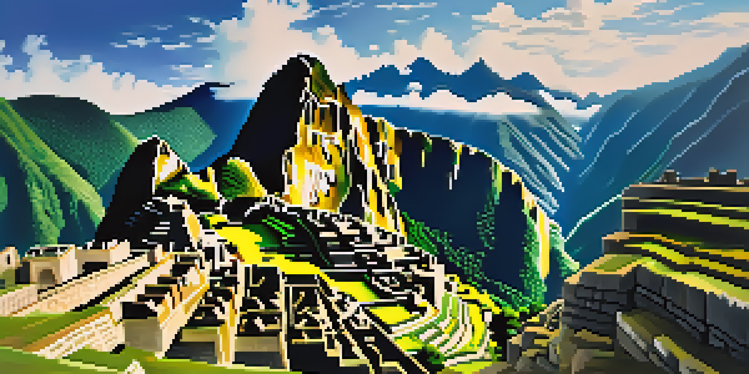 A breathtaking view of Machu Picchu with green mountains and a clear blue sky.