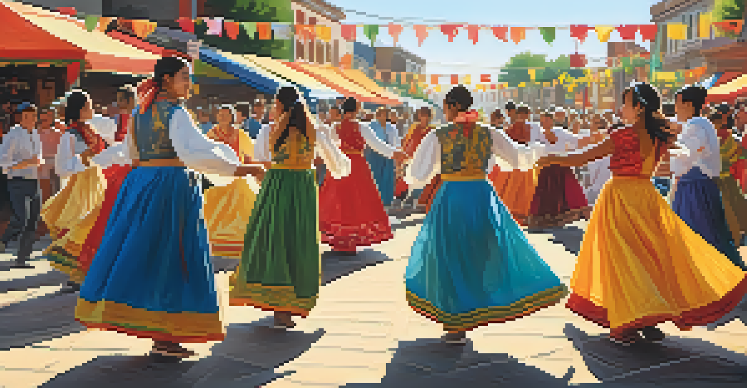 A lively street scene during a local festival with people in traditional clothing dancing in an open square.