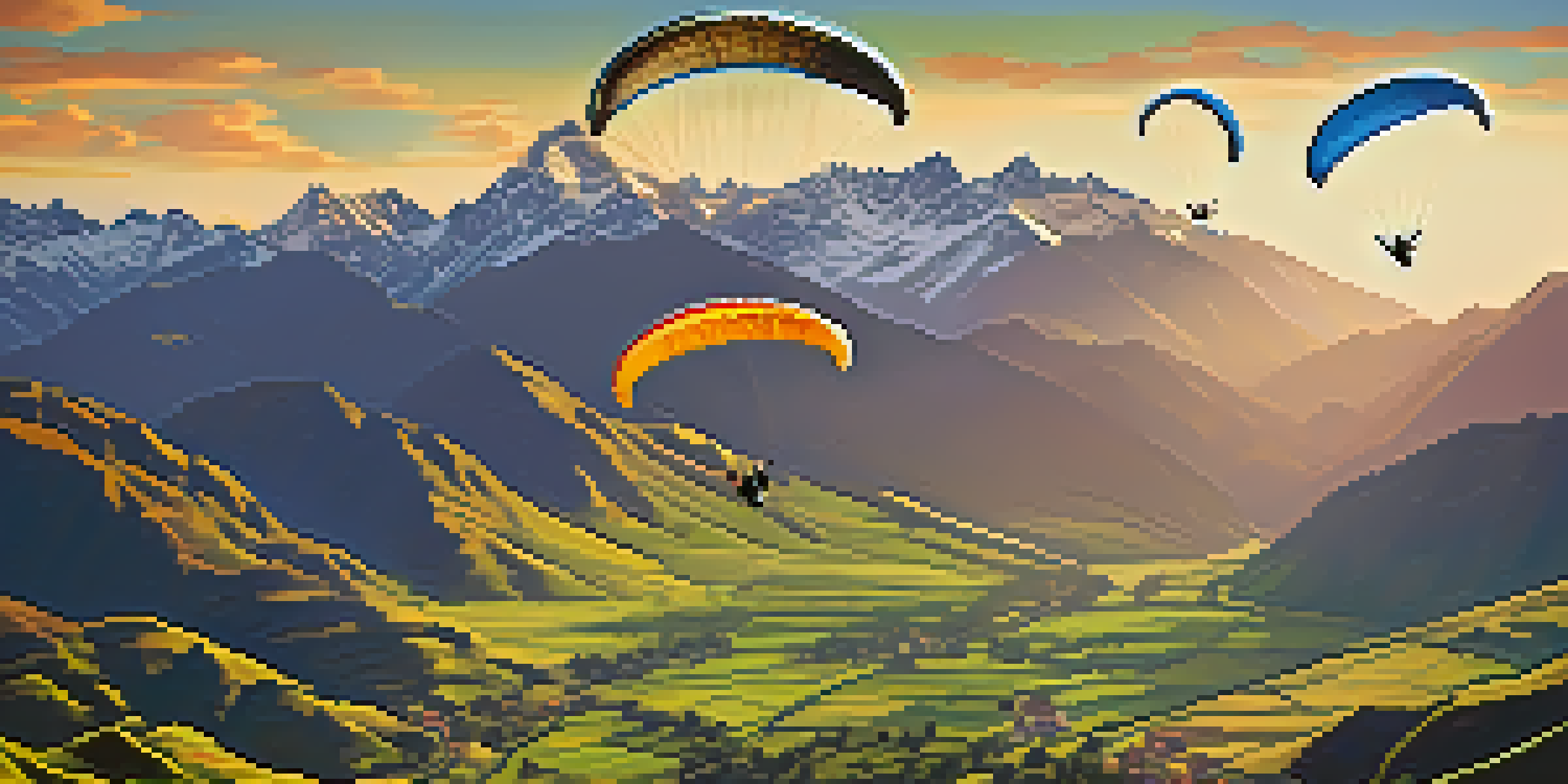 Aerial view of colorful paragliders flying over Sacred Valley in Peru with Andes Mountains in the background during sunset.