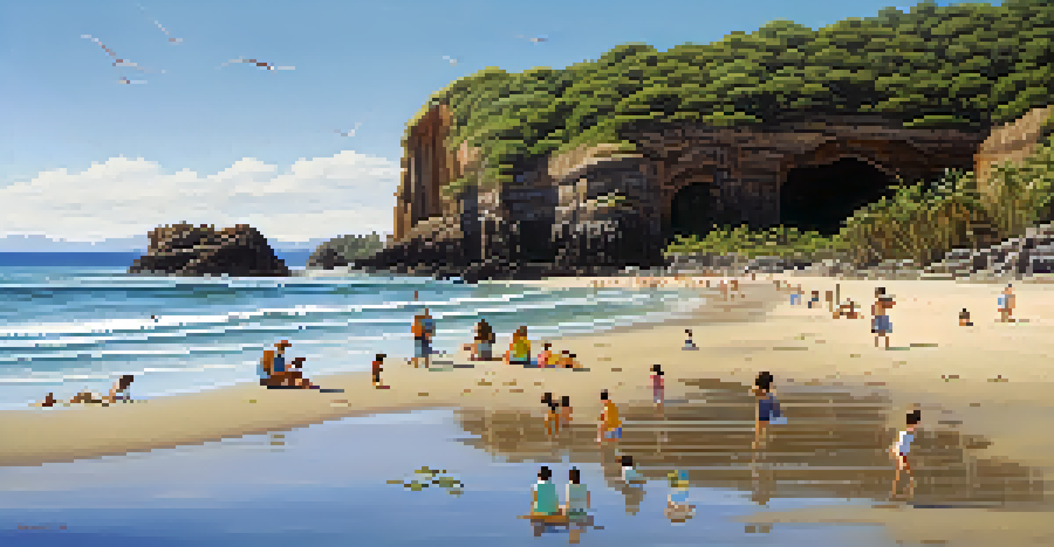 Families exploring tide pools at Vichayito beach, surrounded by coastal cliffs and palm trees, on a sunny day.