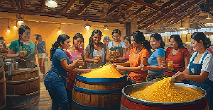 A group of diverse women brewers working in a colorful Peruvian craft brewery, pouring beer and surrounded by brewing ingredients.