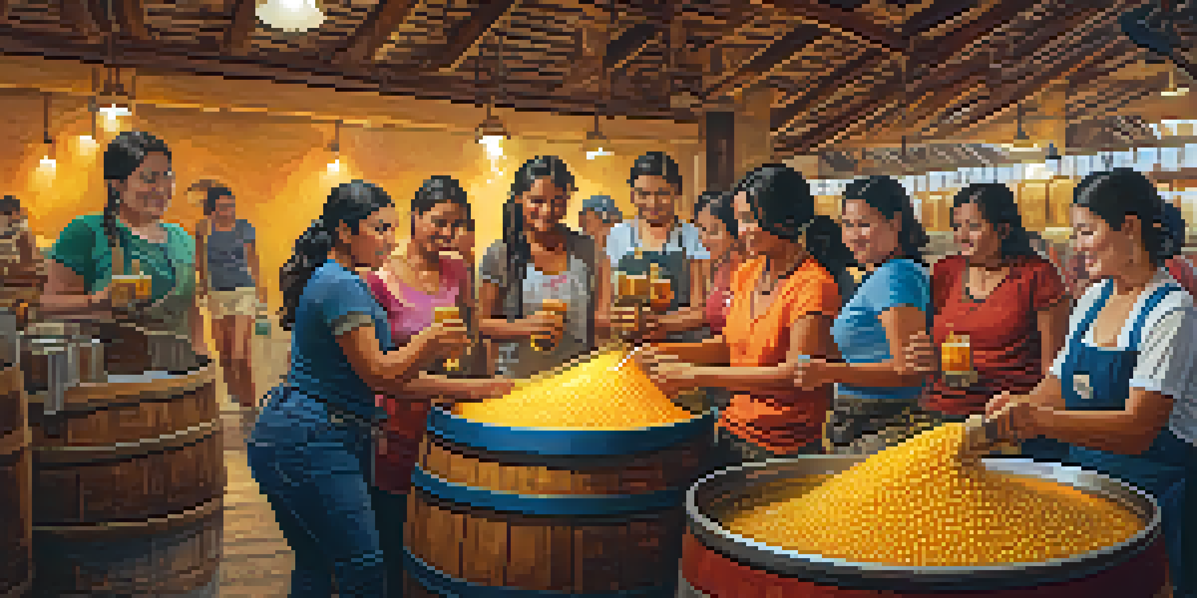 A group of diverse women brewers working in a colorful Peruvian craft brewery, pouring beer and surrounded by brewing ingredients.