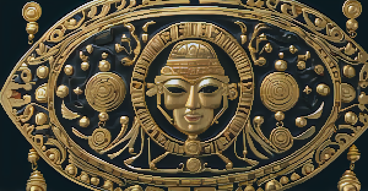Close-up of Moche gold jewelry with intricate designs on a dark velvet background.