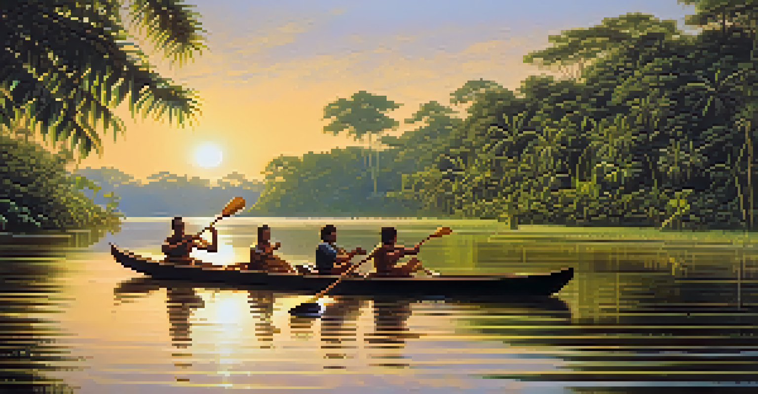 Travelers canoeing on a river in the Amazon rainforest during a beautiful sunset.