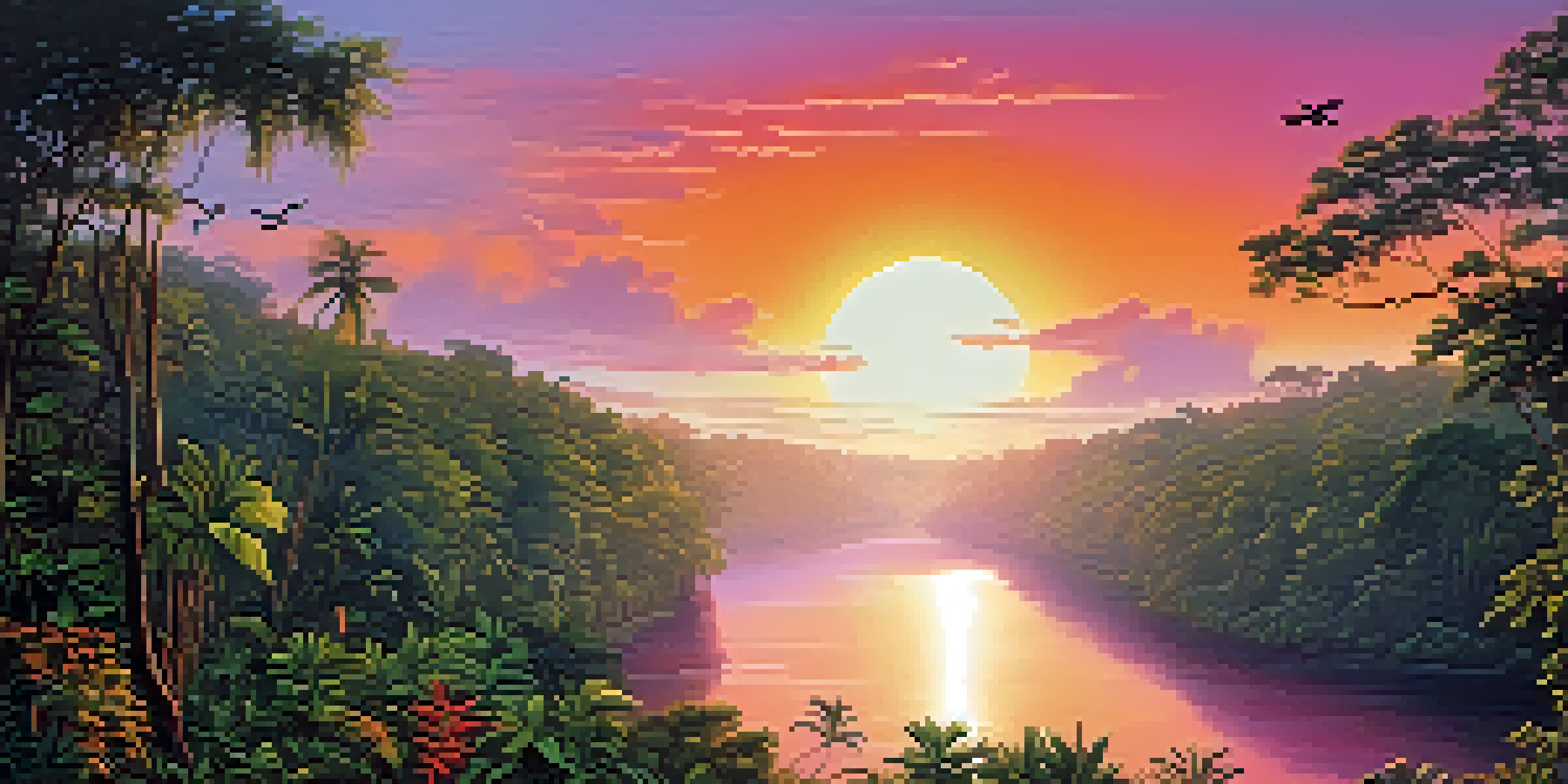 A stunning sunrise over the Amazon Rainforest, with vibrant colors in the sky and a serene river flowing through dense greenery.