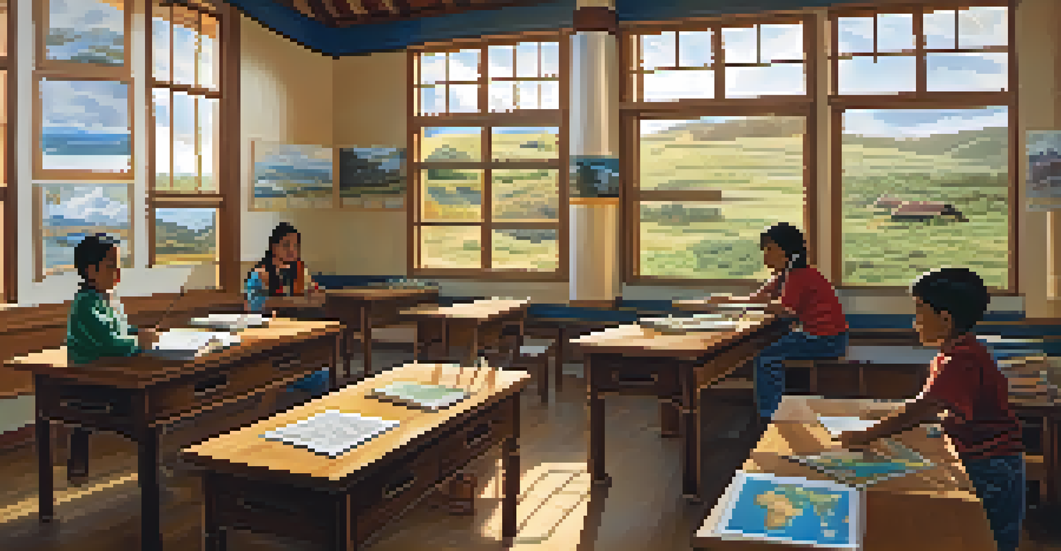 Indigenous youth in a classroom setting, engaged in learning with culturally relevant materials and natural light streaming in.