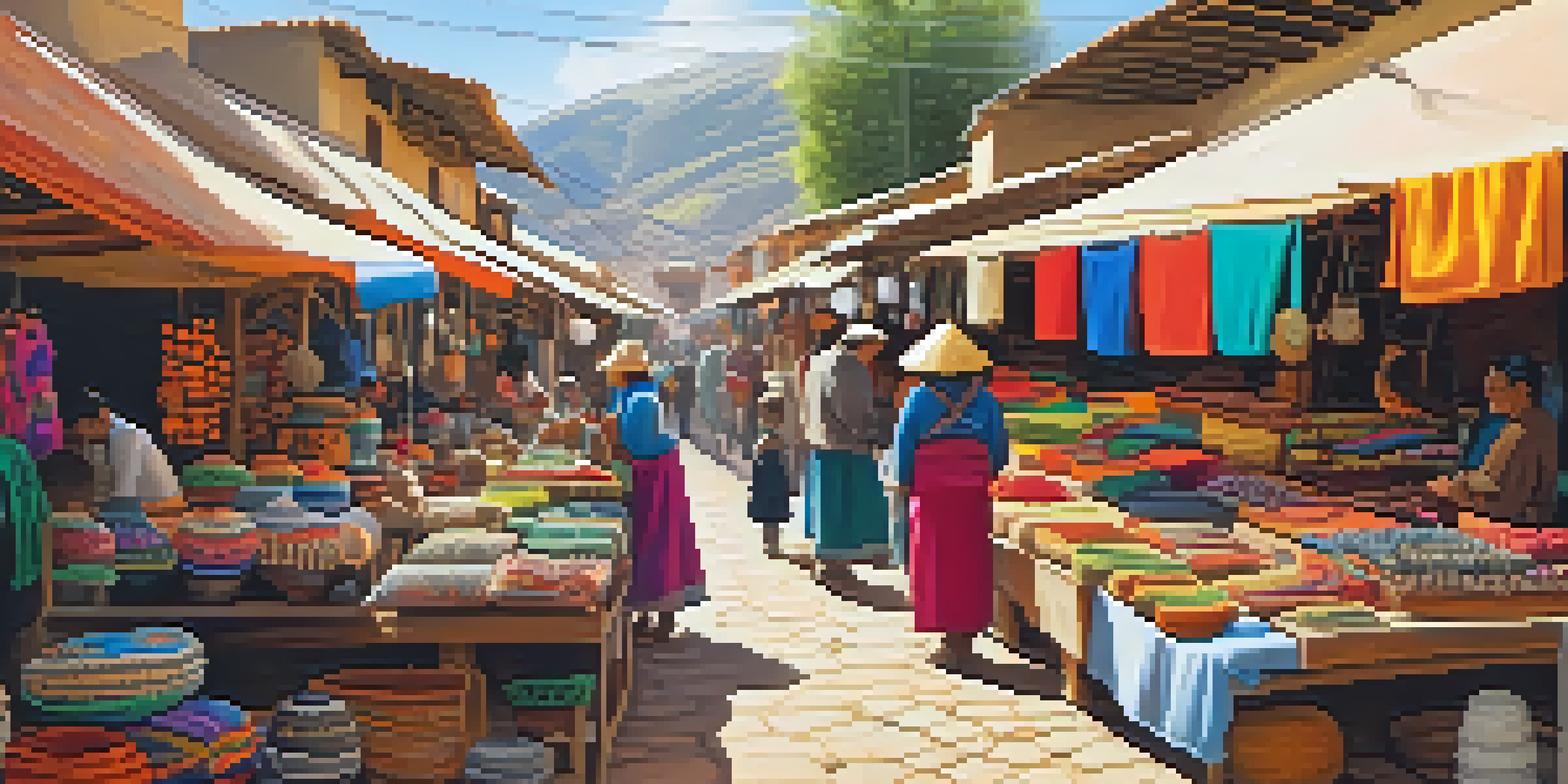 A bustling Peruvian market filled with colorful artisan crafts and artisans at work under a bright canopy.