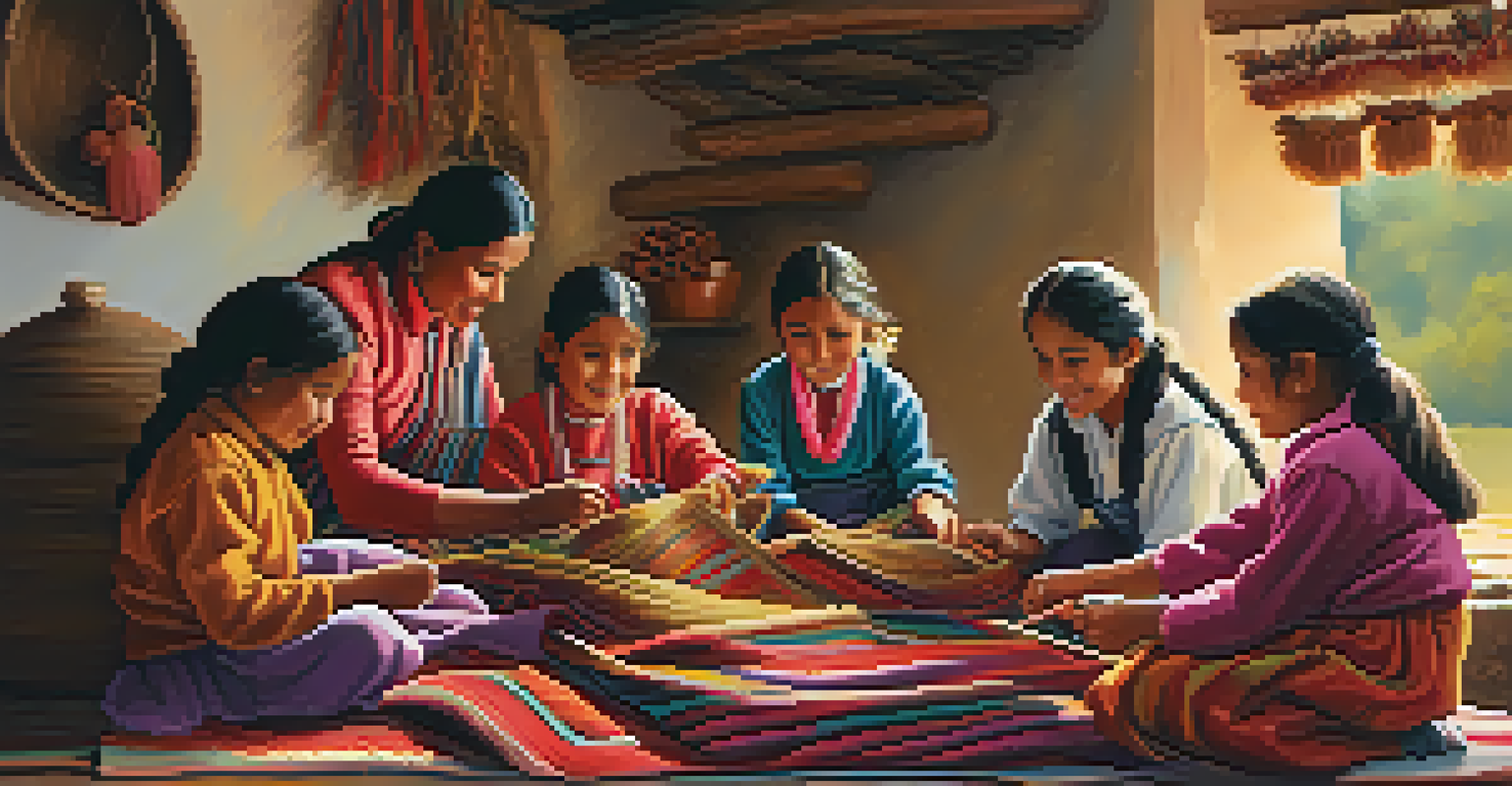 A Peruvian family teaching children weaving techniques, surrounded by colorful textiles and a warm, inviting atmosphere.