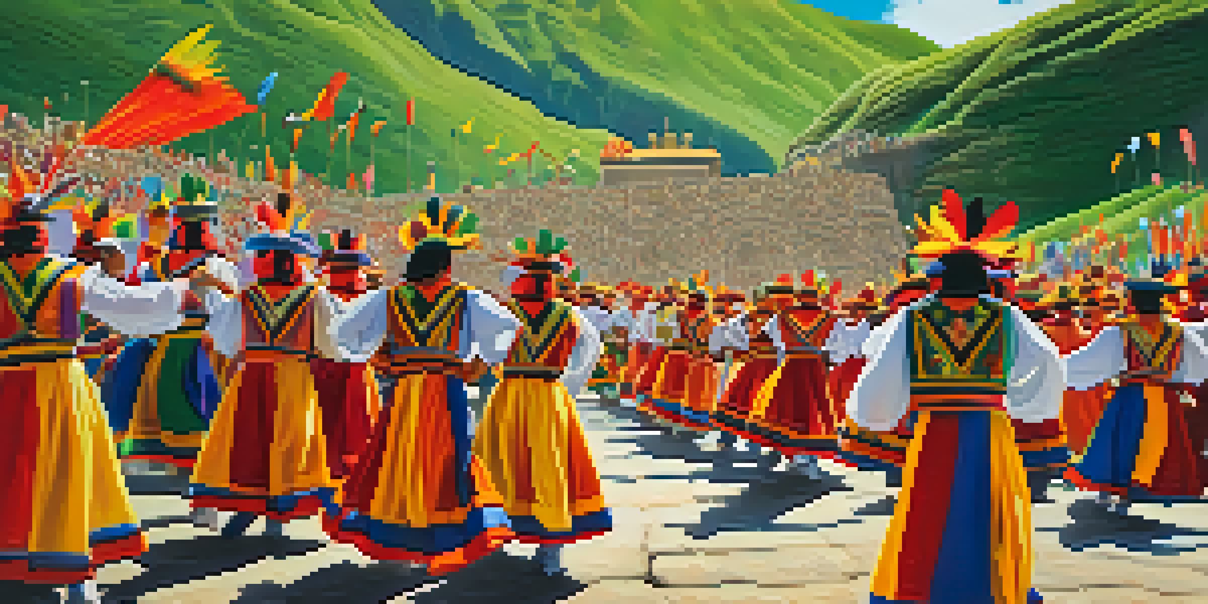 A lively celebration of the Inti Raymi festival with dancers in traditional costumes and a historic Inca site in the background.