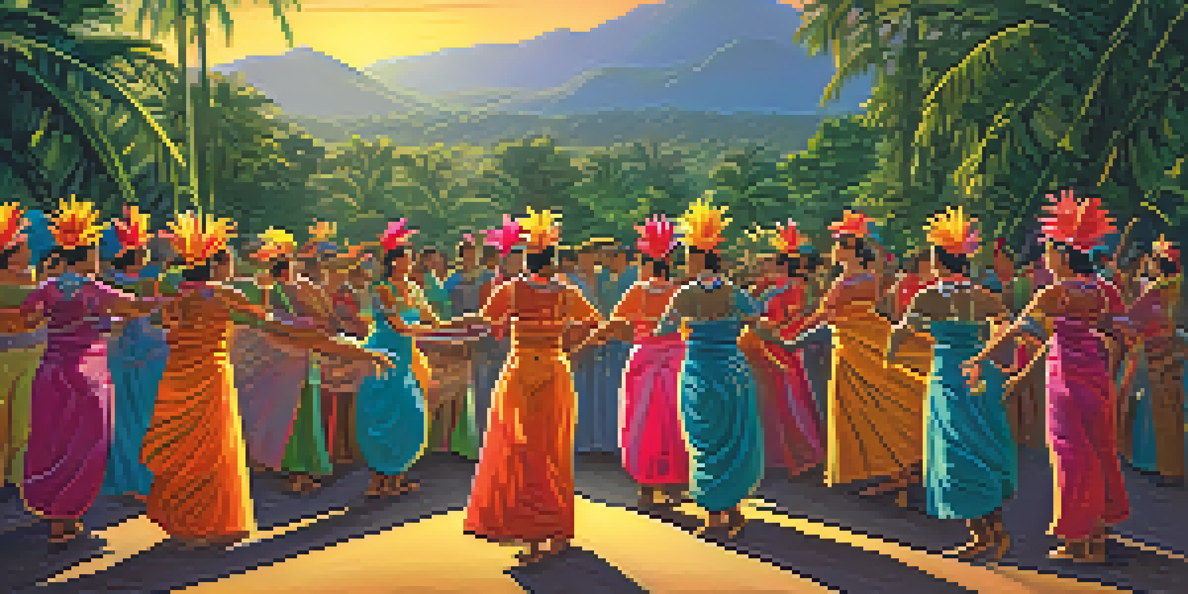 Dancers in colorful traditional costumes performing at the Festival of San Juan, with a beautiful Amazonian landscape at sunset.