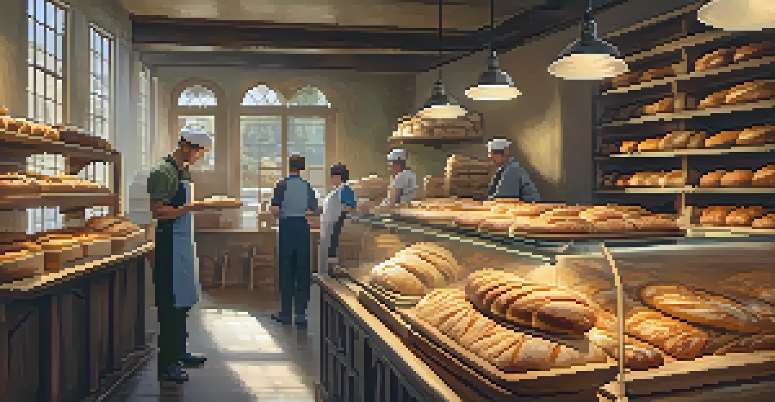 The interior of an artisanal bakery filled with freshly baked goods and a baker interacting with guests.
