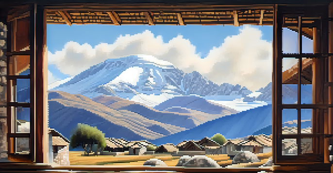 An Andean landscape with traditional stone and adobe houses, surrounded by hills and snow-capped mountains, under a sunny sky.