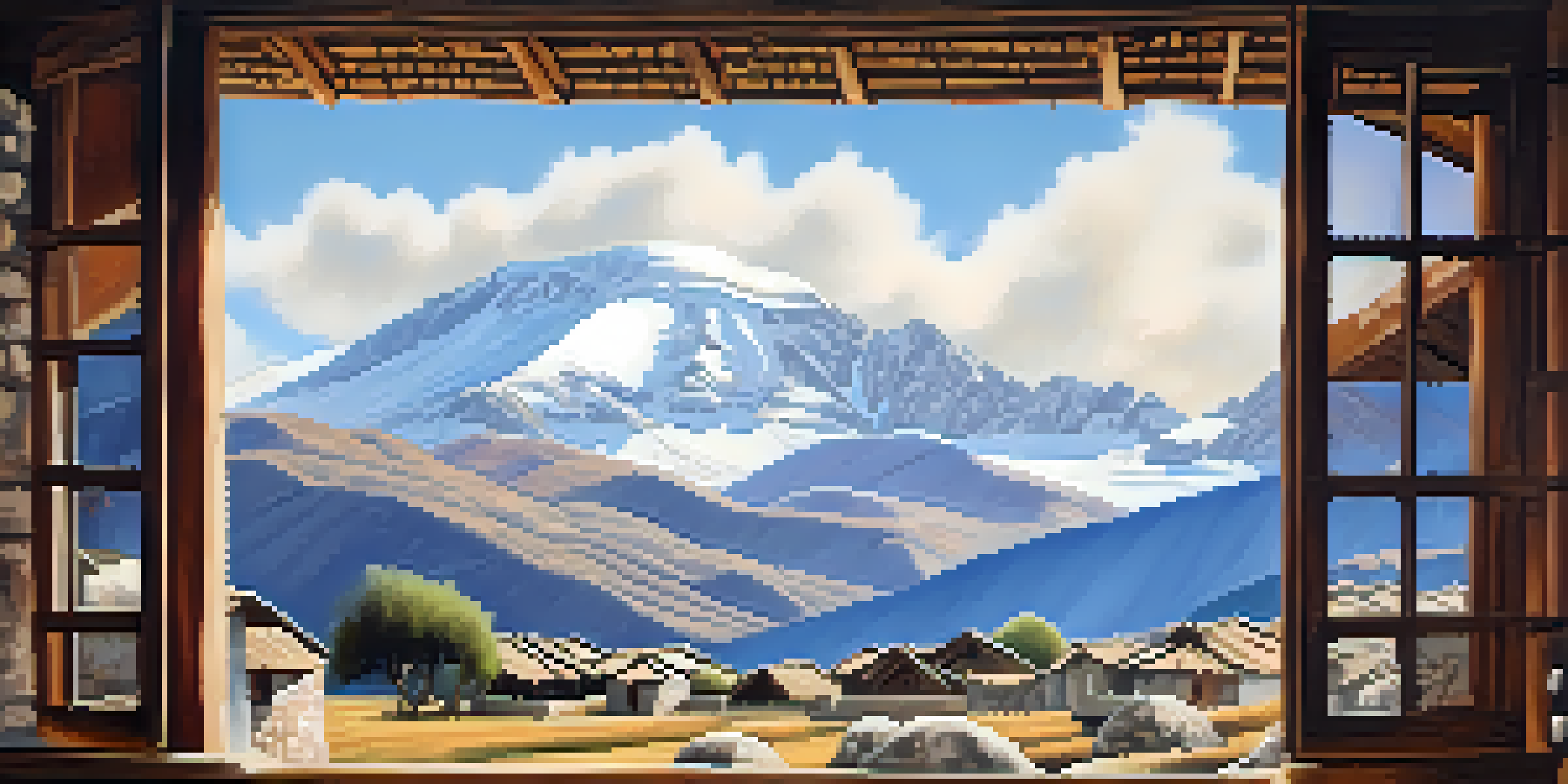 An Andean landscape with traditional stone and adobe houses, surrounded by hills and snow-capped mountains, under a sunny sky.
