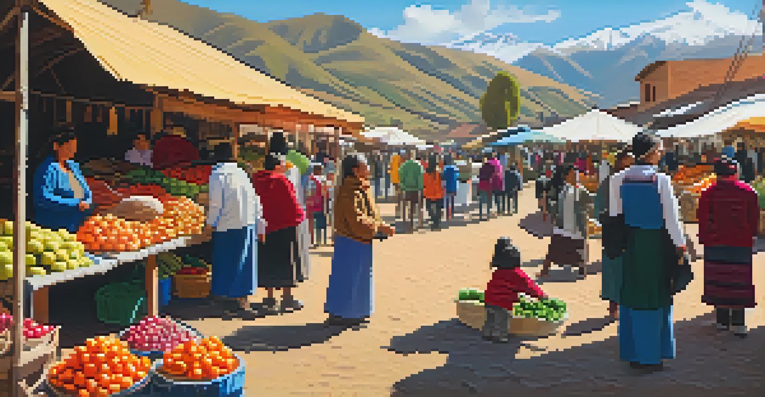 Families enjoying a colorful local market in the Sacred Valley with fresh produce and traditional dishes.