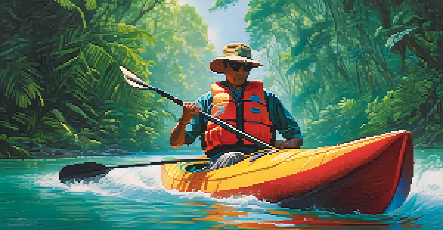 A kayaker navigating the Amazon River, immersed in vibrant green rainforest with sunlight filtering through the trees.