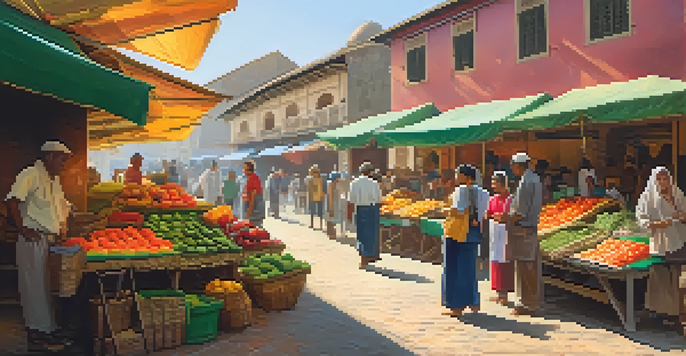 A busy local market filled with colorful stalls, fresh produce, and local artisans, with people engaging and traditional buildings in the background.