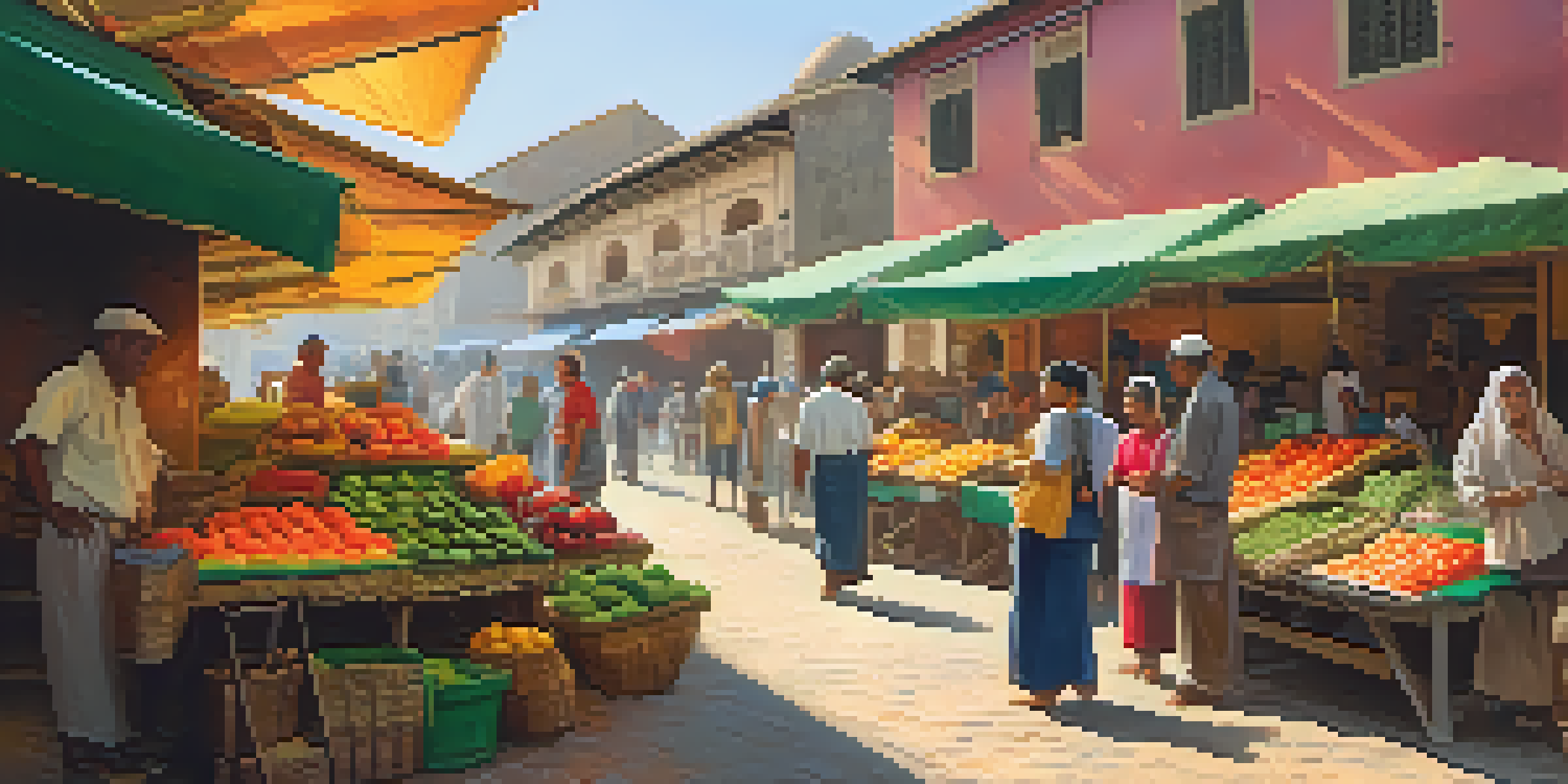A busy local market filled with colorful stalls, fresh produce, and local artisans, with people engaging and traditional buildings in the background.